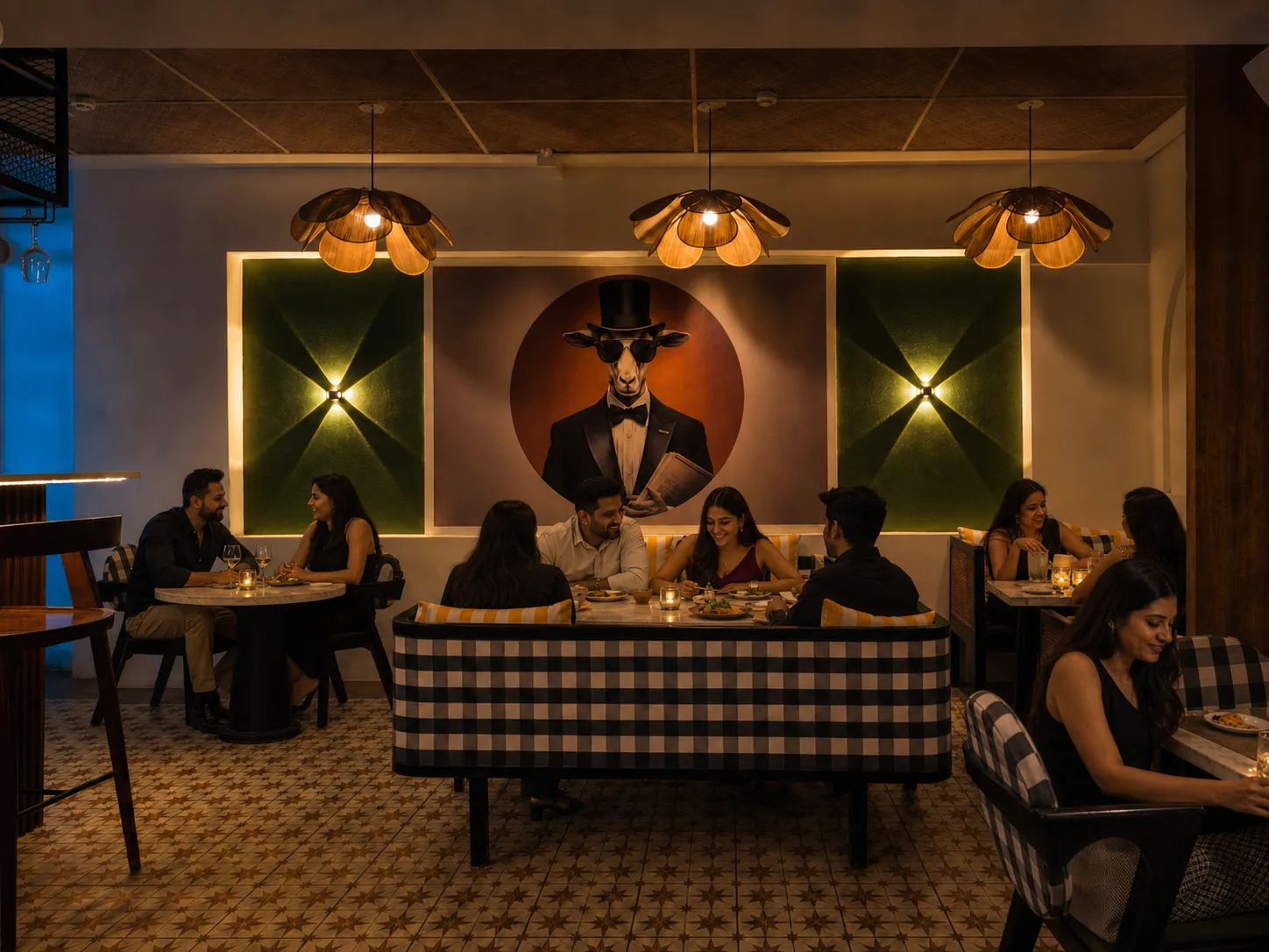 Warm restaurant interior at Goat Brew in Oshiwara