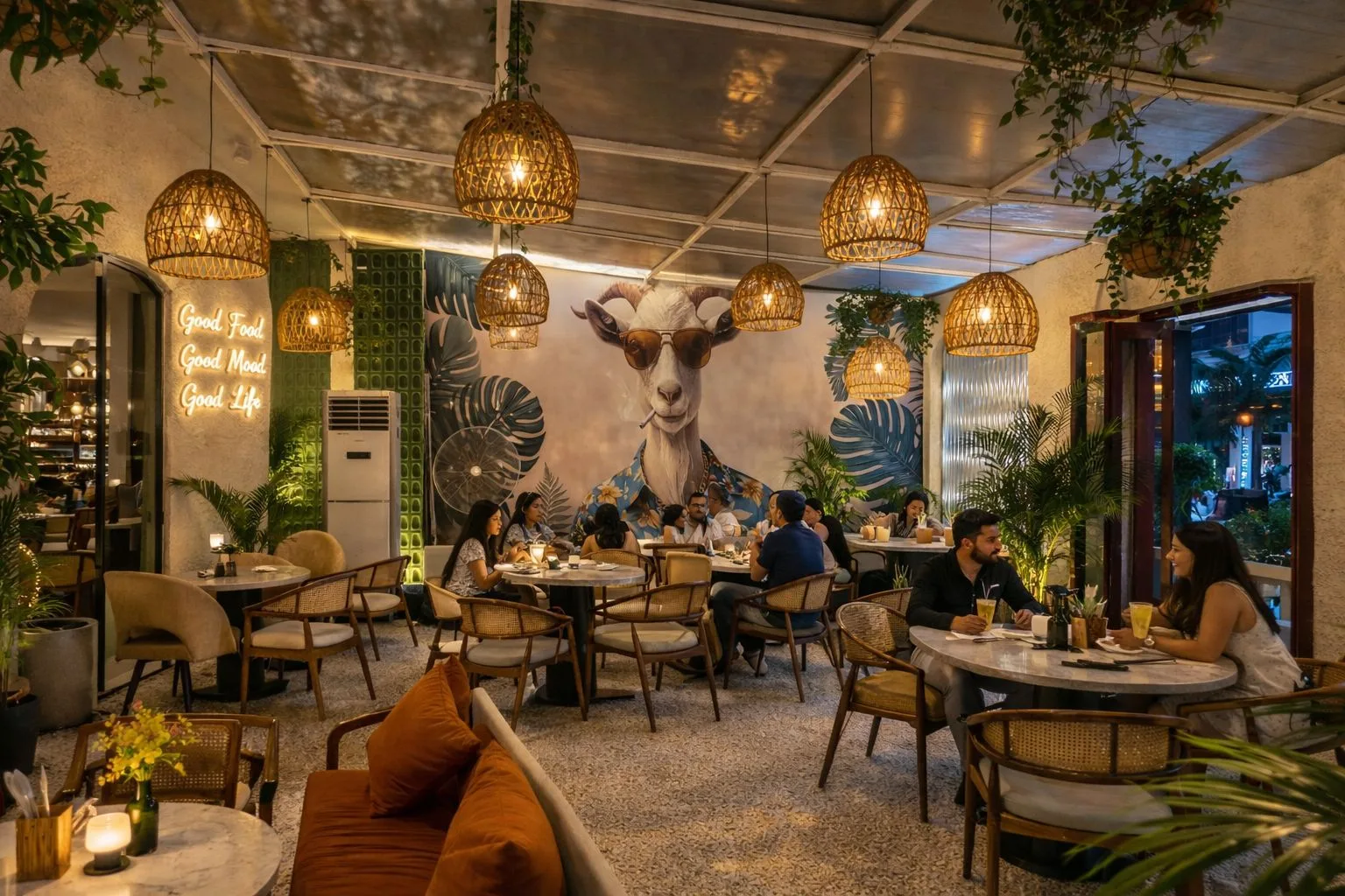 Restaurant seating and warm dining corners at Goat Brew Oshiwara